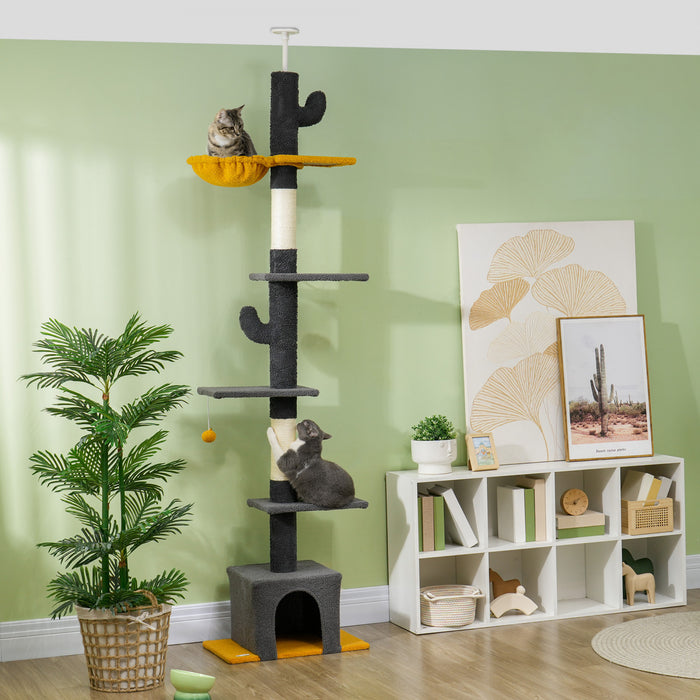 Pawhut Arbre A Chat Du Sol Au Plafond, Tour Pour Chat Avec Hauteur Reglable De 90,5\" A 108\", Centre D'activite A 5 Niveaux Avec Griffoirs, Balle Jouet Pour Chats, Gris Fonce