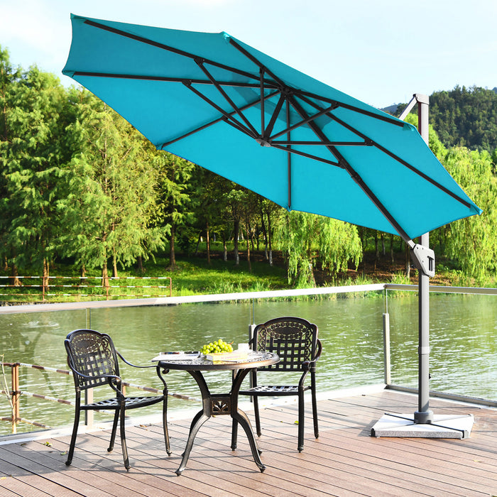 Costway Parasol deporte 11ft pour terrasse a rotation cantilever, aluminium, inclinable, base croisee, turquoise