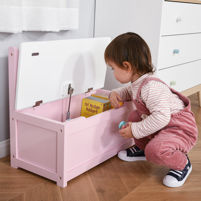 Qaba 2-en-1 Coffre A Jouets En Bois Banc De Rangement Pour Enfants Coffre De Rangement Cube Cube Avec Tige Pneumatique De Securite Rose