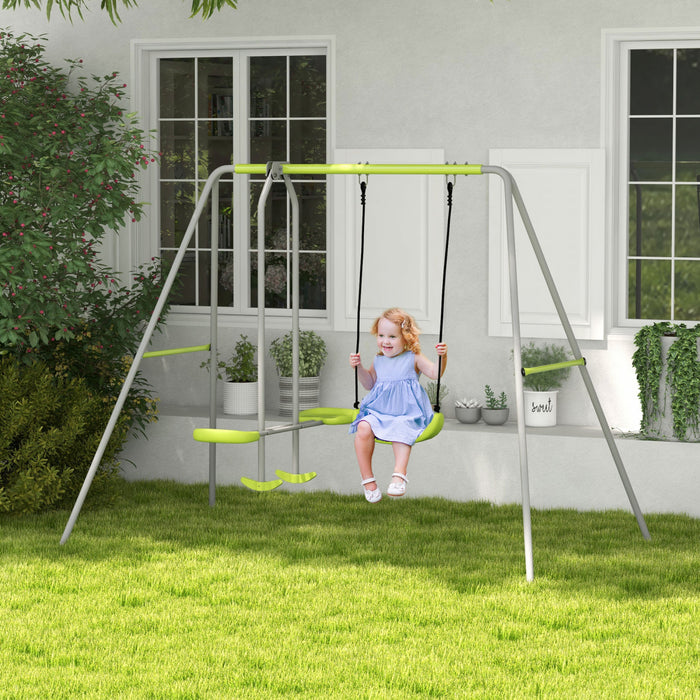 Outsunny Balancoire pour enfants, cadre de balancoire en metal robuste avec planeur, siege de balancoire, piquets de sol, aire de jeux exterieure pour jardin, Vert