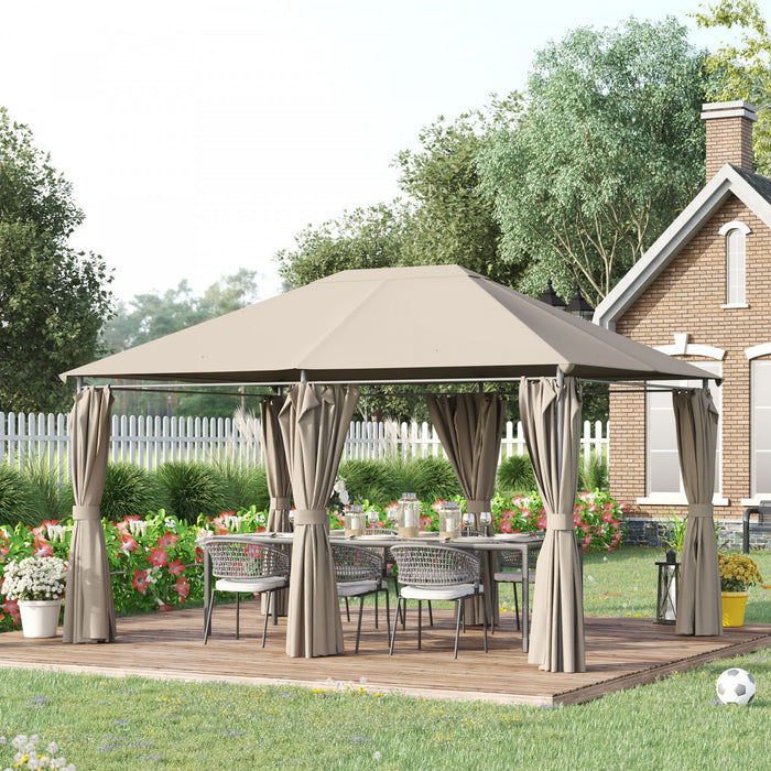 Outsunny 13'x 10' Terrasse Exterieure Gazebo Pavillon De Jardin Arriere-cour Auvent Tente De Fete Abri D'ete Pare-soleil Avec Cadre En Acier Et Rideaux Kaki
