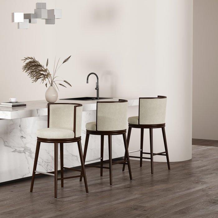 Tabouret de bar moderne en bois et tissu creme Evalyn - Lot de 3