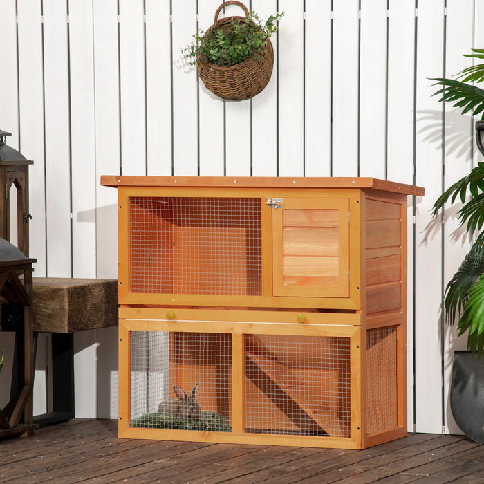 Pawhut Clapier En Bois Pour Petits Animaux Cage A 2 Niveaux Avec Cour Arriere