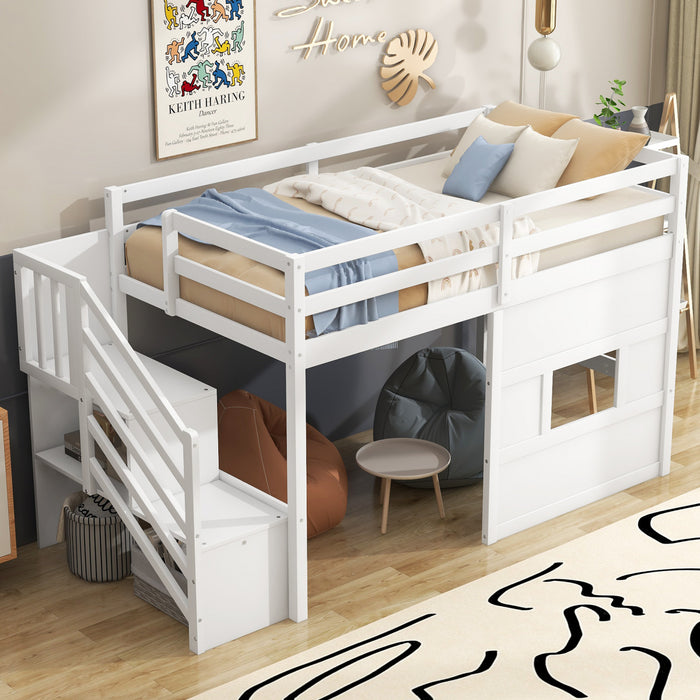 Lit mezzanine moderne Pepys avec escalier de rangement et fenetre, taille simple, blanc