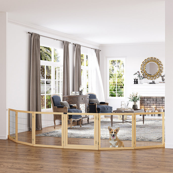 Pawhut Barriere De Securite Barriere Modulable Pliable Pour Animaux De Compagnie Avec 2 Pieds De Support 6 Panneaux Bois Massif De Pin Acier Bois Naturel
