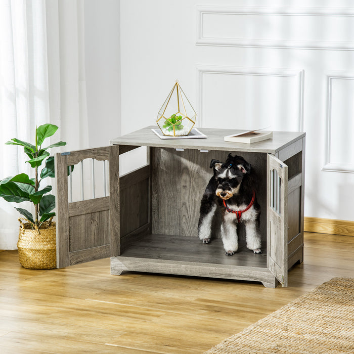 Pawhut Cage Pour Chien En Bois Avec Fenetres Multi-usage Portes Verrouillables Base Surelevee Pour Chiens De Petite Et Moyenne Taille Gris