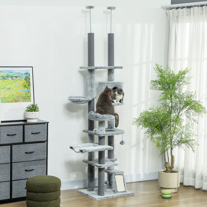 Pawhut Tour A Chat Pour Grands Chats, Arbre A Chat Du Sol Au Plafond Pour Chats D'interieur, Hauteur Reglable 89 A 100\", Tour D'escalade A Plusieurs Niveaux Avec Griffoirs, Rampe