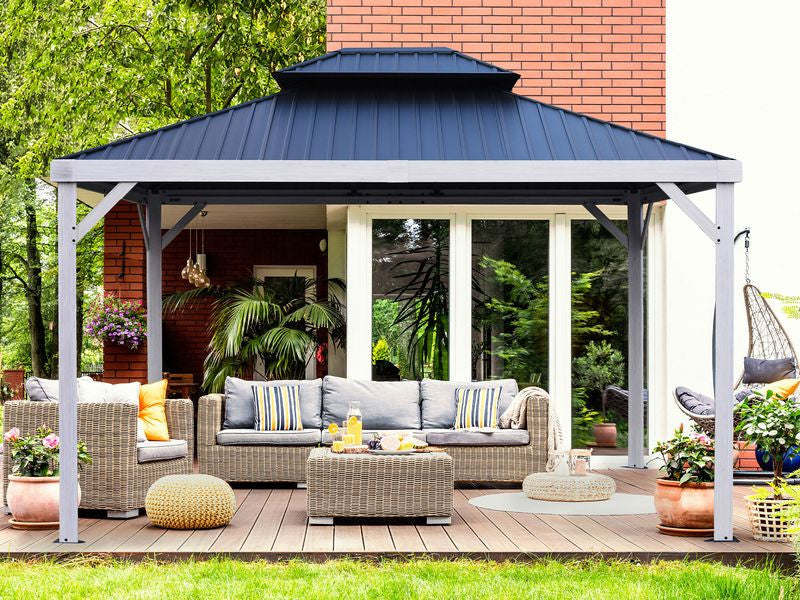 Gazebo Yosemite 10x12 Double Toit En Acier, Poteaux En Aluminium Finition Bois