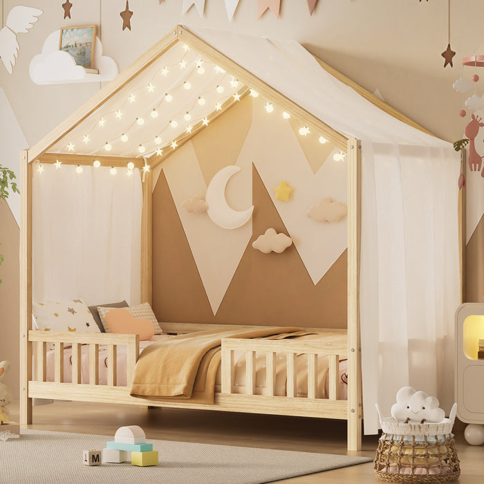 Paul Lit Montessori au sol avec baldaquin et barrieres hautes, Taille Simple, Bois Naturel