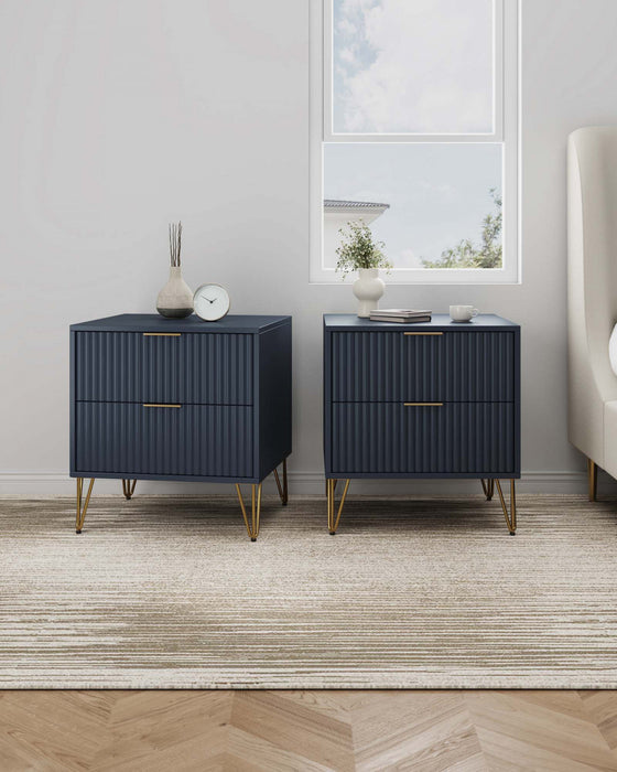 Table de nuit moderne Dumbo 20\" a cannelures, bleu minuit (2 tiroirs) – Lot de 2