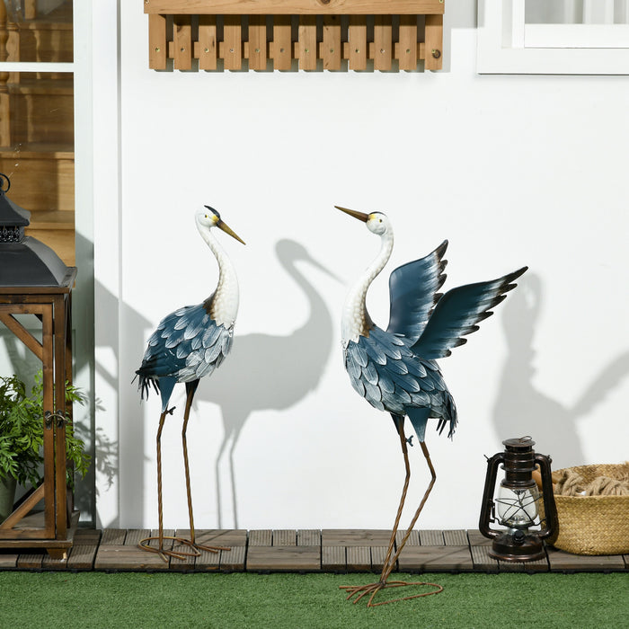 Outsunny Lot De 2 Statues De Jardin En Metal Representant Un Heron, Bleu
