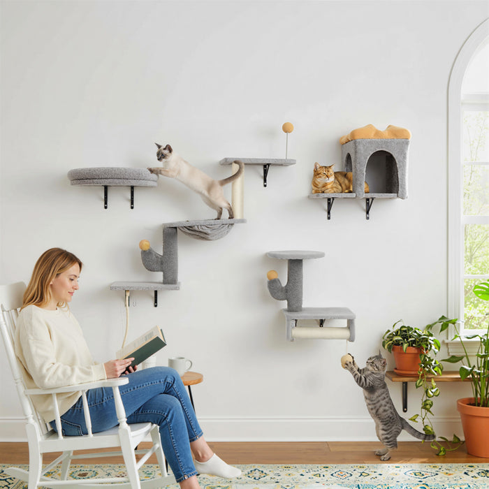 Ensemble de Meubles Muraux pour Chat avec Poteaux a Gratter, Gris Clair
