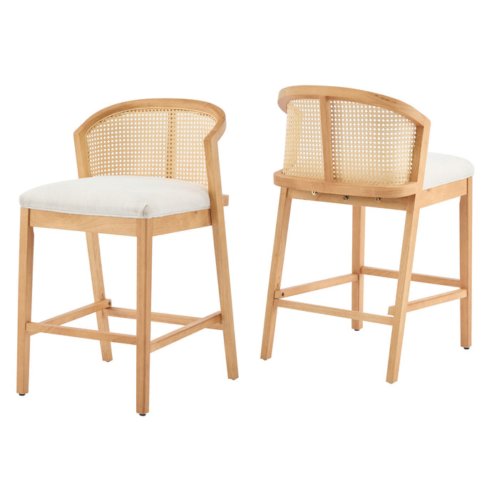 Tatti – Lot de 2 tabourets de comptoir en bois d’hevea avec dossier en cannage, couleur beige