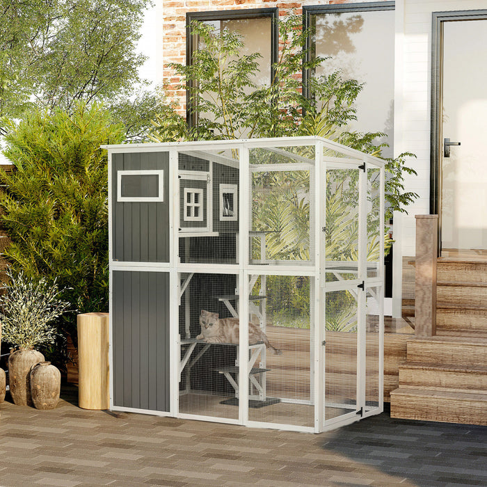 Pawhut Catio En Bois Pour Chat, 66,5\"l Cage Avec Toit De Protection Contre Les Intemperies En Pvc, Plusieurs Plates-formes, Portes Verrouillables, Condo De Repos, Fenetre D'observation, Pour 2 Chats