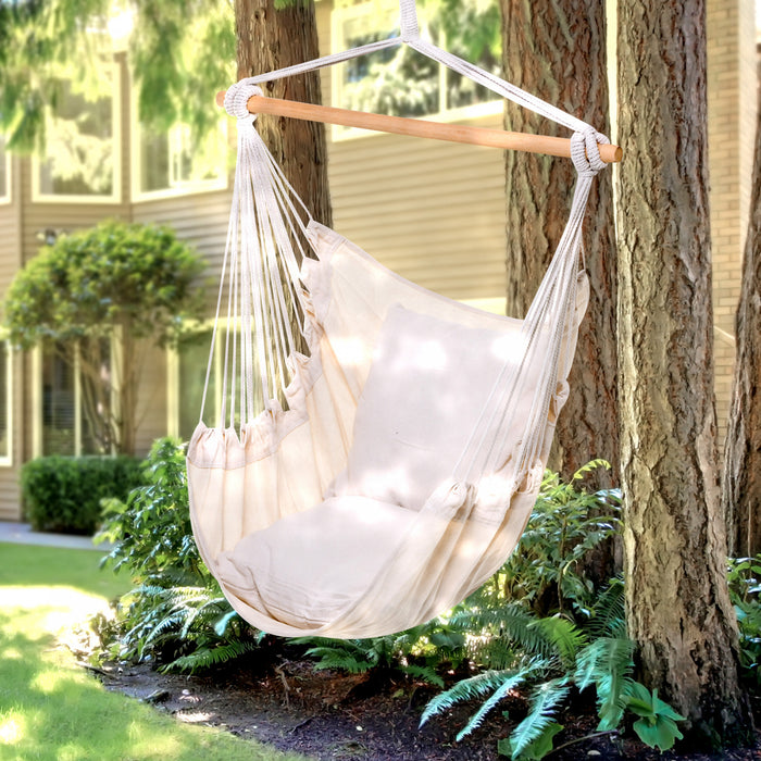 Outsunny Hamac Chair Swing Hanging Macrame Chair Coton Avec Deux Coussins De Siege Doux, Pour Chambre A Coucher Interieur Exterieur Cadeau Ideal Pour Les Enfants Amoureux Cadeau D'anniversaire Blanc