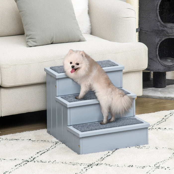 Pawhut Rampe D'escalier Antiderapante En Moquette En Bois A 3 Marches Pour Chats Et Petits Chiens - Gris
