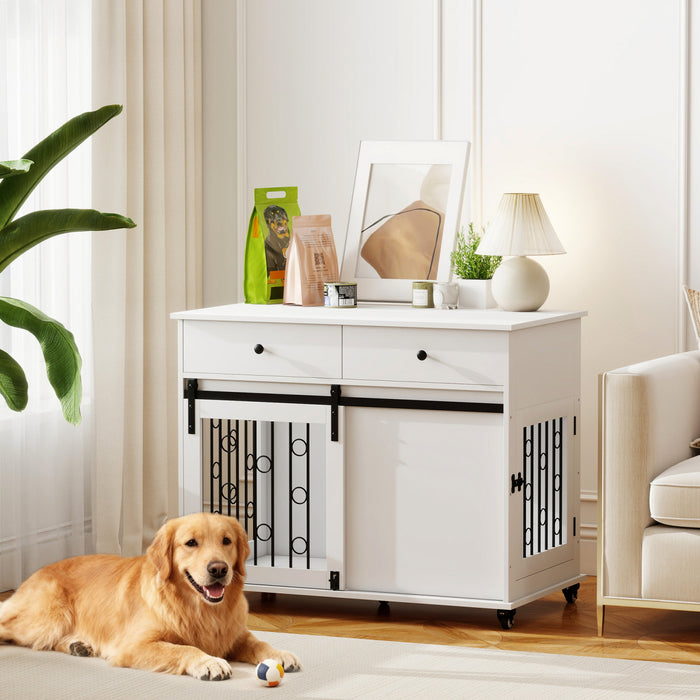 Meuble Cage pour Chien 39\" avec Tiroirs de Rangement, Roulettes