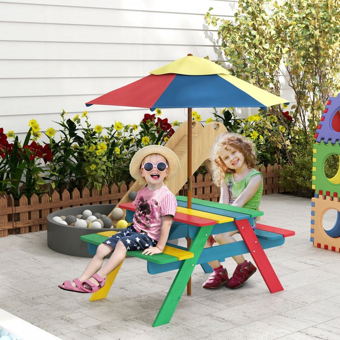 Outsunny Ensemble De Table De Pique-nique Pour Enfants Avec Parasol Amovible, Table Et Chaises D'exterieur En Bois Pour Enfants Pour Jardin, Garcons Et Filles De 3 A 6 Ans, Multicolore