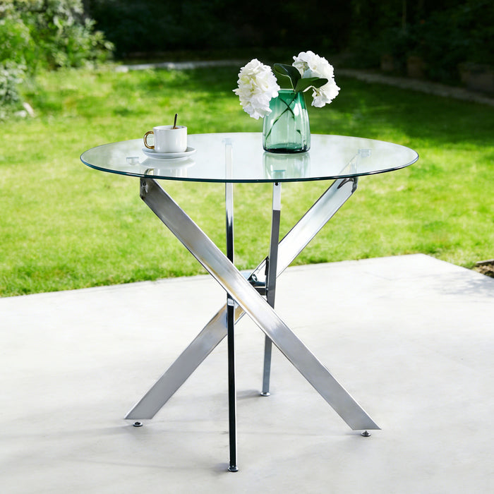 Table a manger ronde multifonctionnelle Alex avec plateau en verre, finition chrome