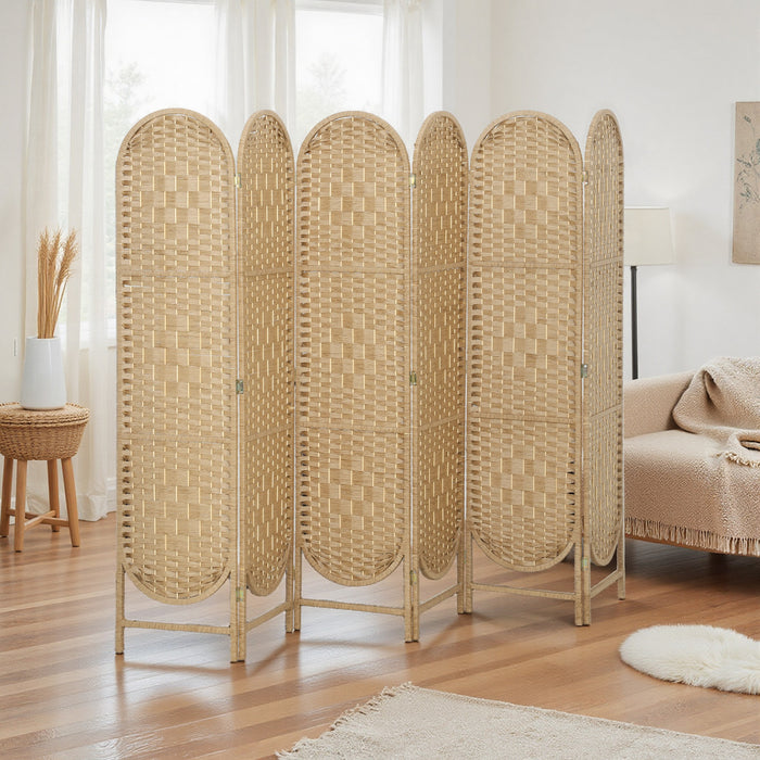 HOMCOM Paravent 6 Panneaux, Ecran Pliable Bohemien, Bois Naturel