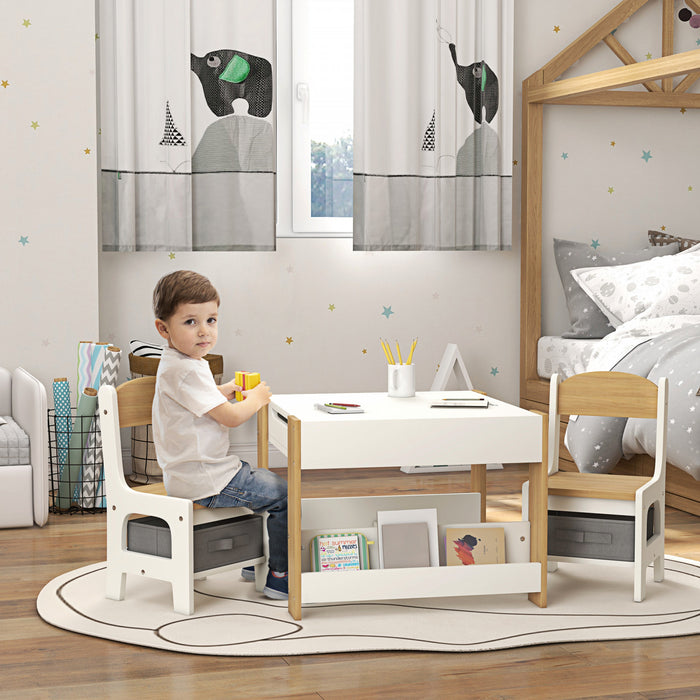 Qaba Ensemble Table Et Chaises 3 Pieces Pour Enfants, Ensemble Table Et Chaises 2 En 1 Avec Plateau Reversible, Tableau Noir, Rangement, Etageres, Pour Salle De Jeux, Creche, Salle De Classe, Gris