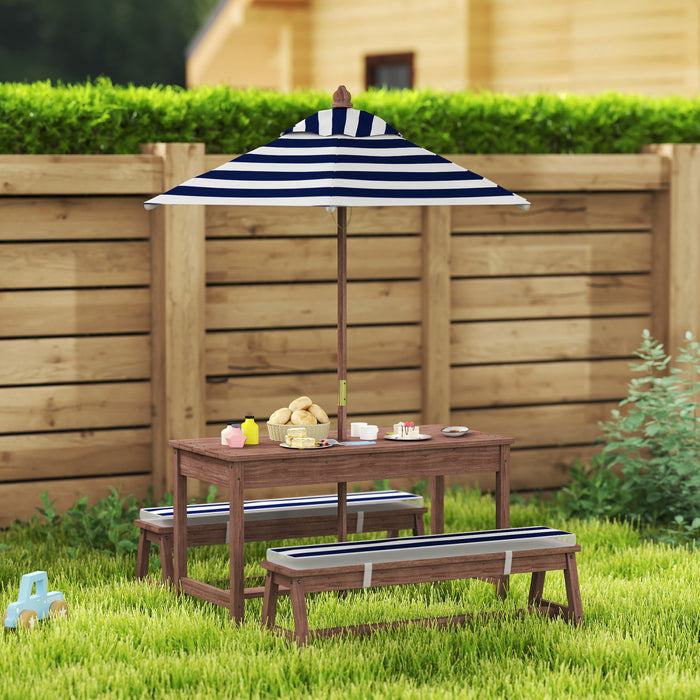 Qaba Table de pique-nique pour enfants en bois avec coussins parasol, bleu