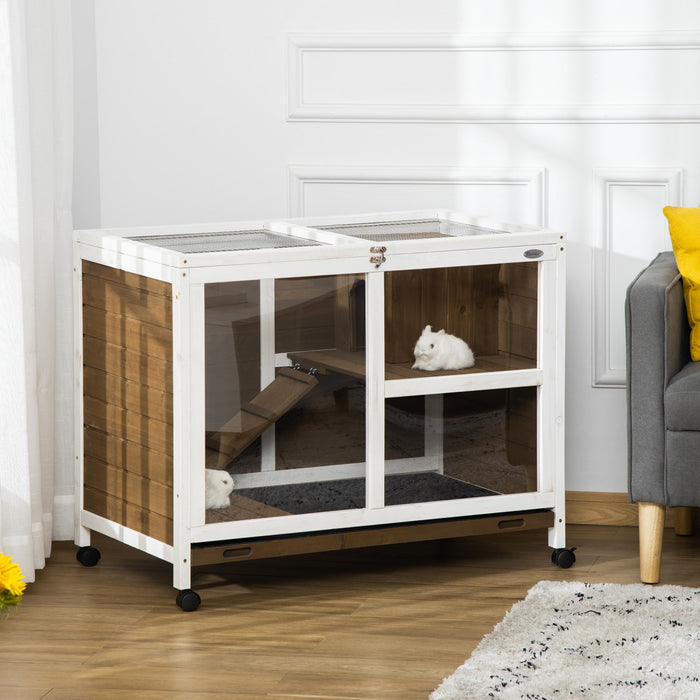 Pawhut Clapier D'interieur Pour Lapins Avec Roues, Cage Pour Lapins, Maison Pour Cochons D'inde, Habitat Pour Petits Animaux Avec Acces Par Le Haut, Rampe, Plateau Coulissant, Marron