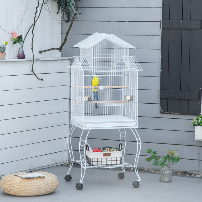 Pawhut Grande Cage A Oiseaux En Metal De 54'' Avec Support Roulant Detachable, Etagere De Rangement, Perchoir En Bois, Contenant A Nourriture, Blanc