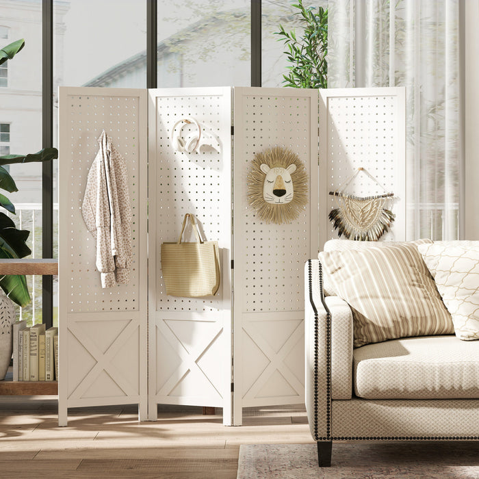 HOMCOM Paravent a 4 Panneaux avec Panneau Perfore pour Interieur, Blanc
