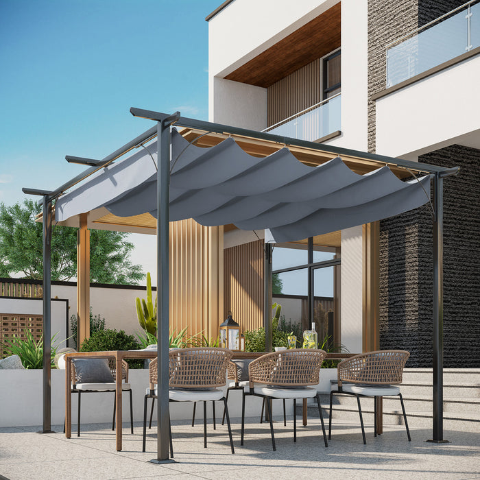 Outsunny 10' Pergola Retractable Structure Metal Epoxy Anticorrosion Noire + Toile Polyester Haute Densite Incluse Gris