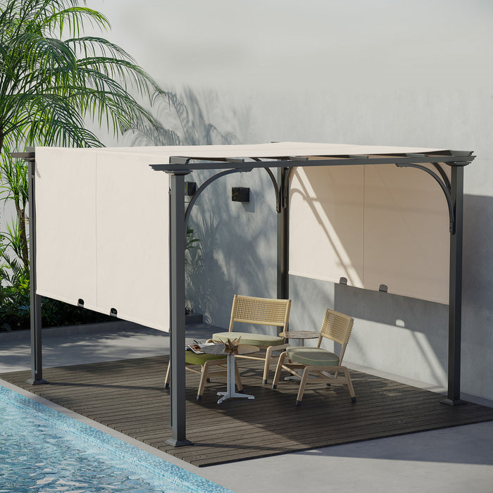 Outsunny 10' X 10' Pergola Patio Gazebo Abri Solaire A Auvent Retractable Avec Structure Metal Beige