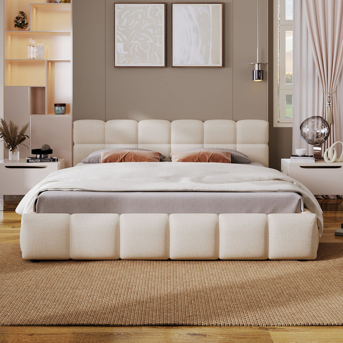 Eleanor Lit elegant avec revetement en chenille et design a damier, Taille Queen, Beige