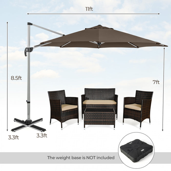 Costway Parasol d'exterieur rond a bras articule 11 pieds, avec rotation a 360° Marron