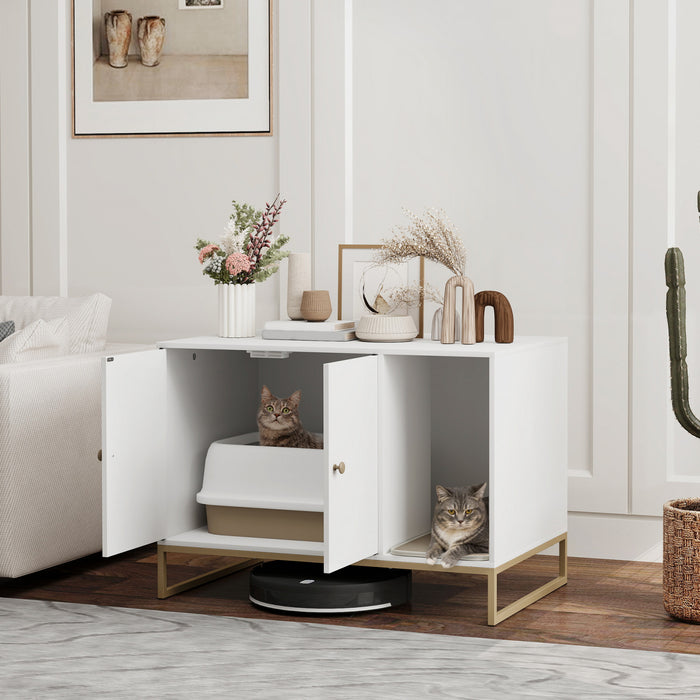 Enclos pour Litiere de Chat avec Pieds Hauts, Tapis de Litiere, Blanc