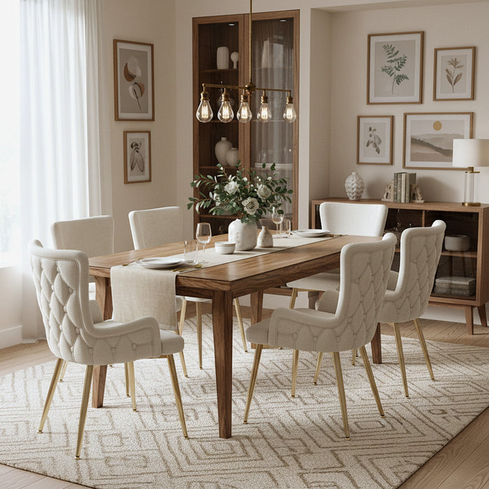 Chaises de salle a manger Luna en velours avec revetement capitonne et pieds metalliques dores, lot de 6, beige