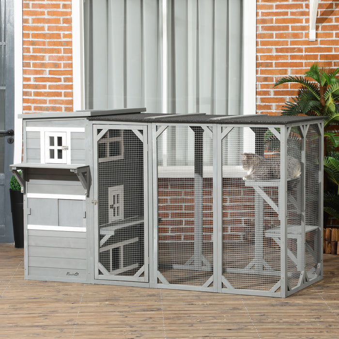 Pawhut Catio Pour Chat En Bois, 76\"l Maison De Chat En Plein Air Avec Toit En Asphalte, Plates-formes, Portes Verrouillables, Condo De Repos A 3 Niveaux, Fenetre D'observation, Pour 2-3 Chats