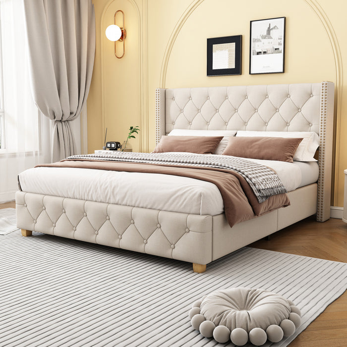 Lit plateforme en lin Haley avec tete de lit a ailes classiques et capitonnage en diamant, taille Full, beige