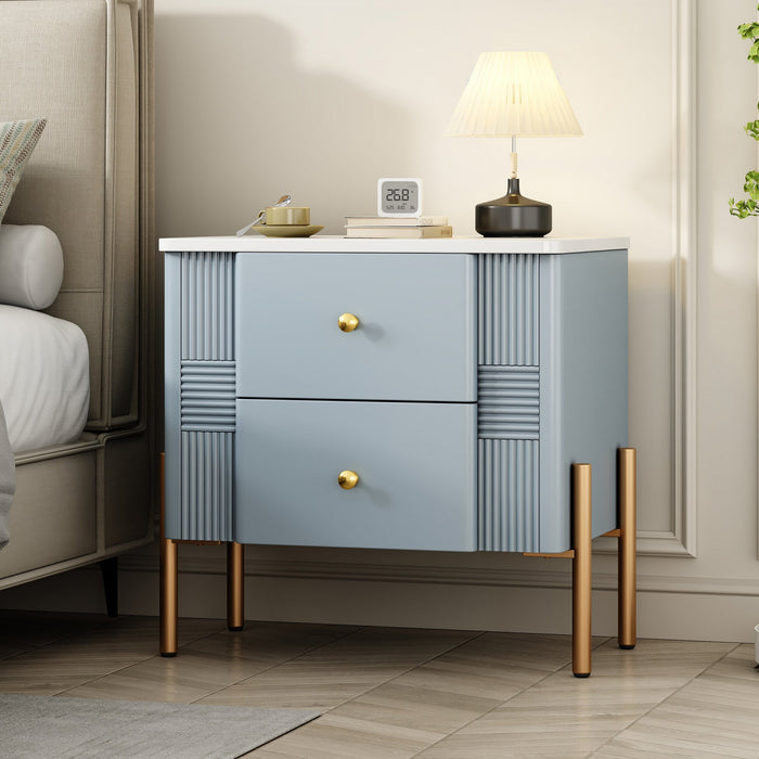 Lila Table de Nuit Moderne avec Tiroirs de Rangement et Poignees Metalliques, Bleu