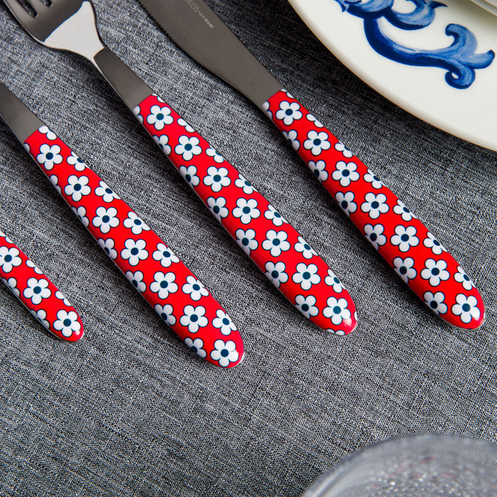 Ensemble De Couverts 24 Pieces En Acier Inoxydable Italien Arimi Nilu Decor - Service Pour 6 Personnes - Manche Rouge Fleur