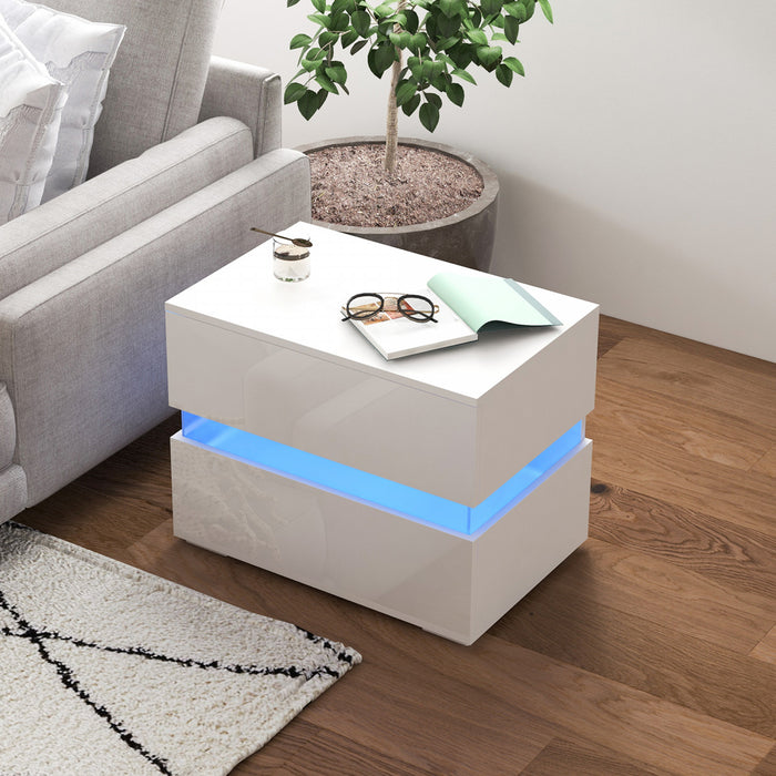 HOMCOM Table de chevet a LED avec tiroirs, Lumiere LED, Blanc