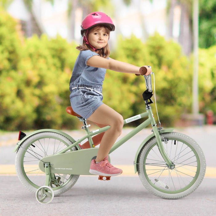 Costway 18\" Velo Pour Enfants Avec Guidon Reglable De Selle Roues D'entrainement Amovibles Frein A Main Vert