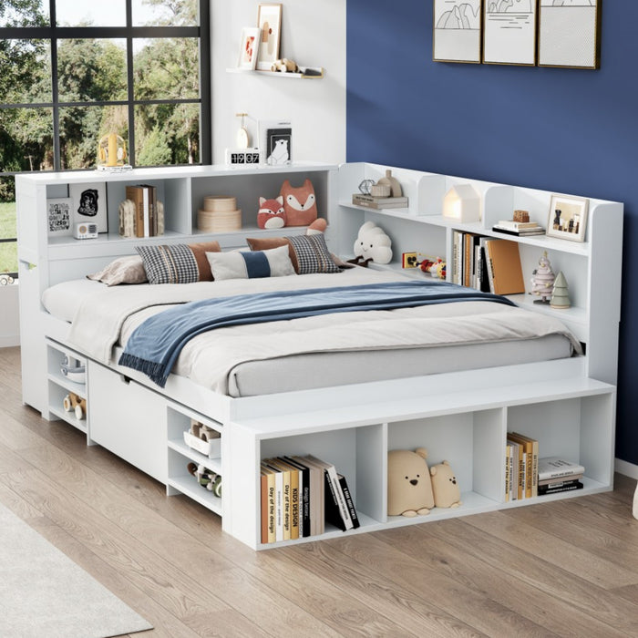 Banquette-lit multifonction Ethan avec rangement integre, tiroirs et bibliotheque, taille full, blanc
