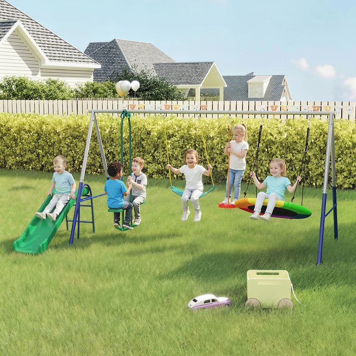 Portique 5-en-1 Qaba pour jardin avec toboggan, capacite 350 kg, multicolore