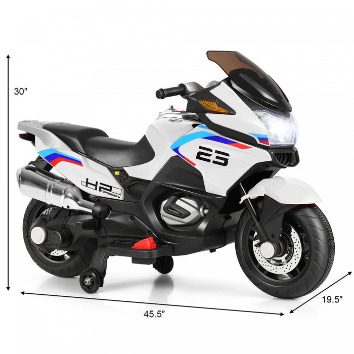 Moto Electrique 12v Pour Enfants Avec Roues D'entrainement Et Eclairage, Blanc