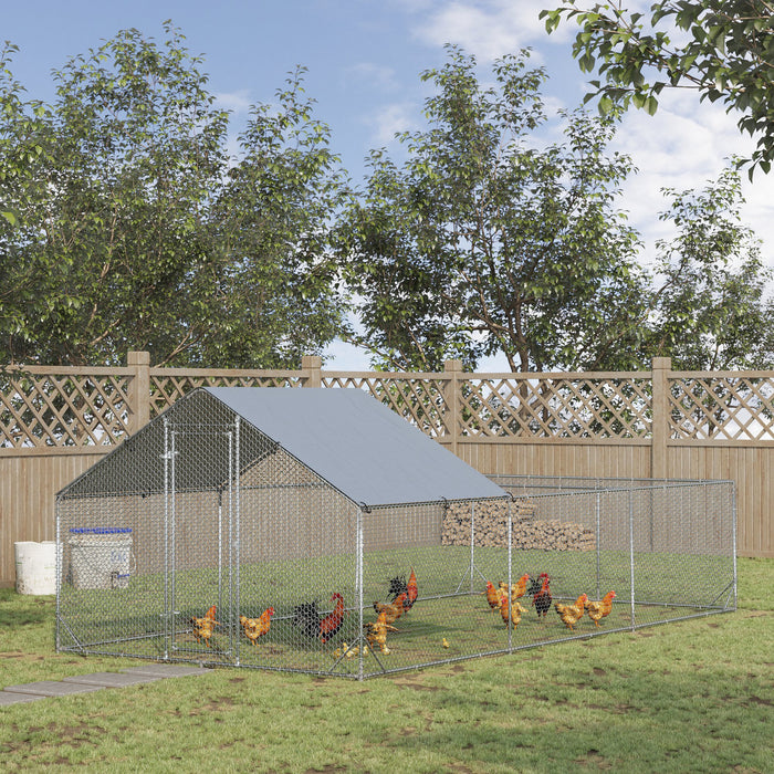 Pawhut Poulailler En Metal, 19.7' X 9.8' Avec Couverture Impermeable Et Anti-uv, Porte Pour 12-14 Poulets, Canards, Lapins, Pour L'exterieur, La Cour, La Ferme, Argente