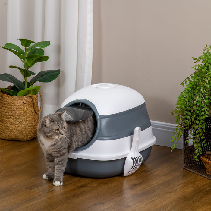 Pawhut Bac A Litiere Pour Chat Avec Couvercle, Avec Cotes Hauts, Assainisseur D'air, Grand Bac A Litiere Pour Chat A Entree Bidirectionnelle, Pliable, Facile A Nettoyer, Blanc Et Gris