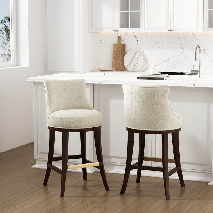 Tabouret de bar moderne Lucia en bois et tissu chenille naturel - Lot de 2