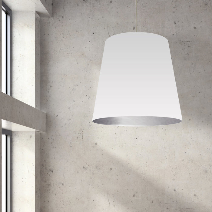 Très grand luminaire suspendu de Dainolite avec très grand abat-jour cylindrique blanc et argenté, et 1 ampoule
