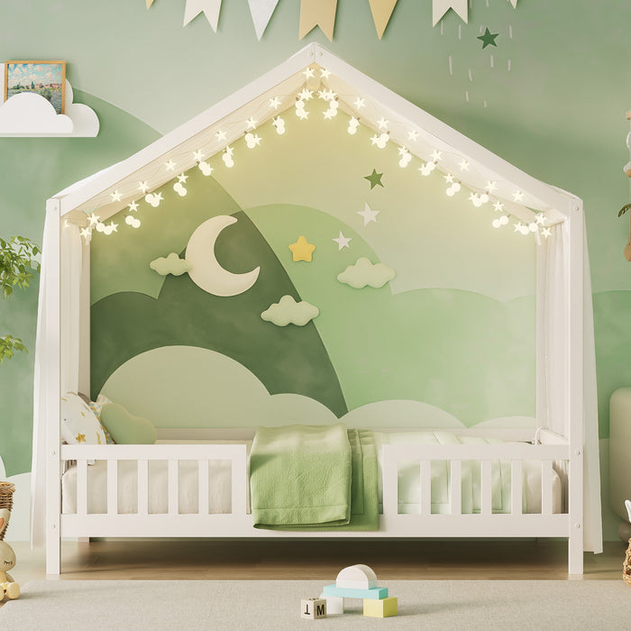 Paul Lit Montessori au sol avec baldaquin et barrieres hautes, Taille Simple, Blanc