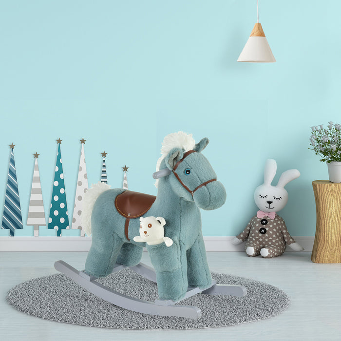 Qaba Kids Ride-on En Peluche Cheval A Bascule Ride Sur Rocker Avec Des Sons Realistes En Peluche Pour Enfant De 18 A 36 Mois Bleu